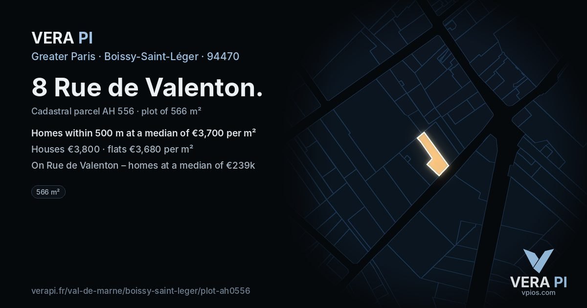 8 Rue de Valenton, Boissy-Saint-Léger at night – the plot lit, the parcels around coloured by the prices near them
