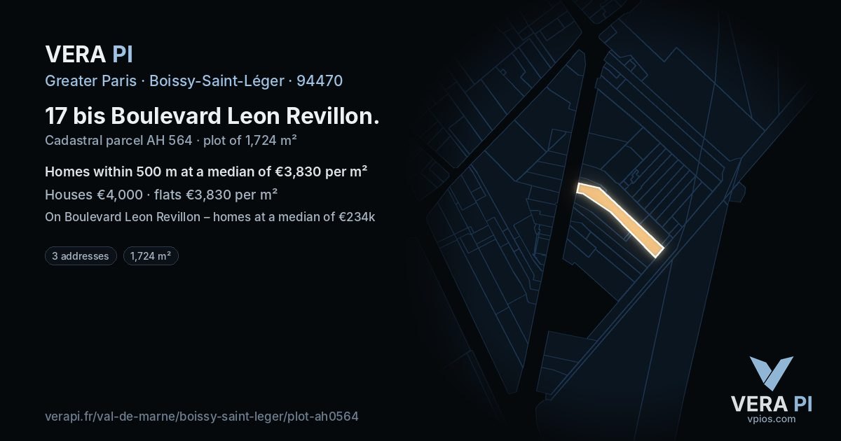 17 bis Boulevard Leon Revillon, Boissy-Saint-Léger at night – the plot lit, the parcels around coloured by the prices near them