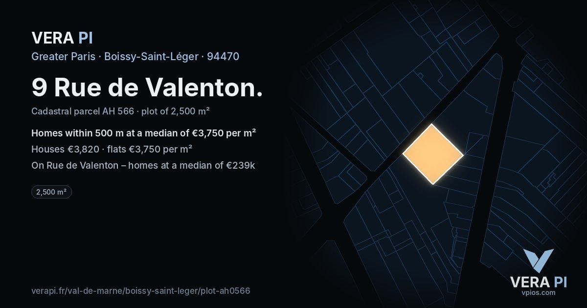 9 Rue de Valenton, Boissy-Saint-Léger at night – the plot lit, the parcels around coloured by the prices near them