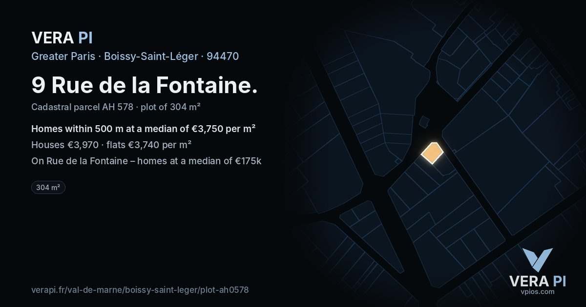 9 Rue de la Fontaine, Boissy-Saint-Léger at night – the plot lit, the parcels around coloured by the prices near them