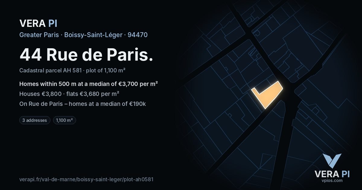 44 Rue de Paris, Boissy-Saint-Léger at night – the plot lit, the parcels around coloured by the prices near them