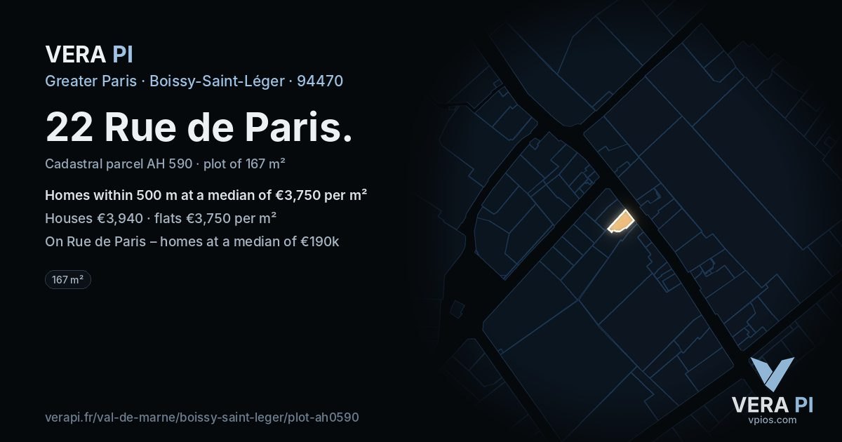 22 Rue de Paris, Boissy-Saint-Léger at night – the plot lit, the parcels around coloured by the prices near them