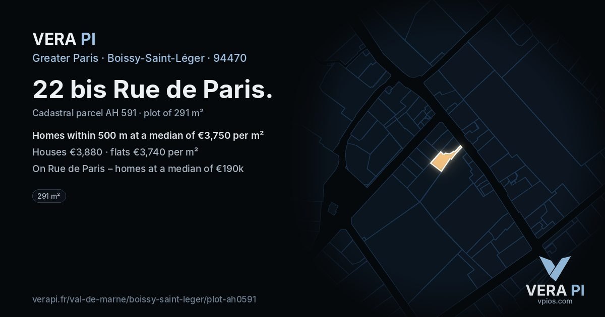 22 bis Rue de Paris, Boissy-Saint-Léger at night – the plot lit, the parcels around coloured by the prices near them