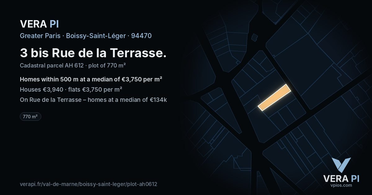 3 bis Rue de la Terrasse, Boissy-Saint-Léger at night – the plot lit, the parcels around coloured by the prices near them