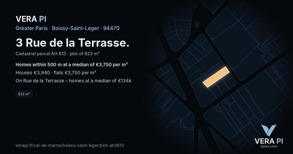 3 Rue de la Terrasse, Boissy-Saint-Léger at night – the plot lit, the parcels around coloured by the prices near them
