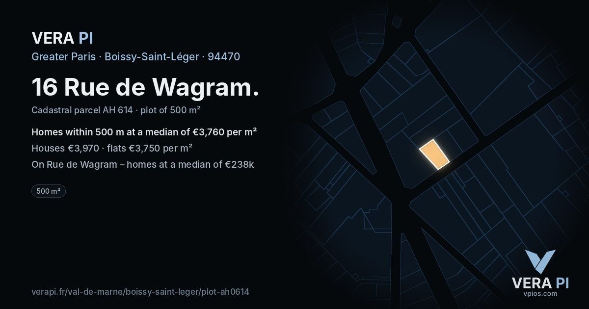 16 Rue de Wagram, Boissy-Saint-Léger at night – the plot lit, the parcels around coloured by the prices near them