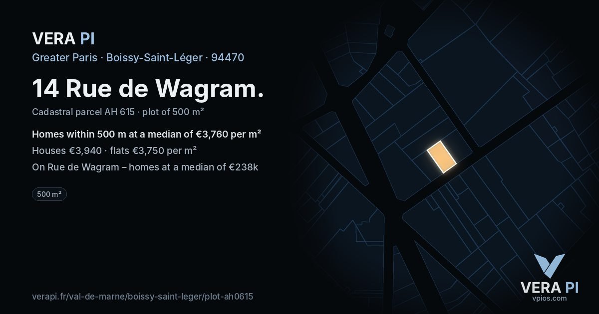 14 Rue de Wagram, Boissy-Saint-Léger at night – the plot lit, the parcels around coloured by the prices near them