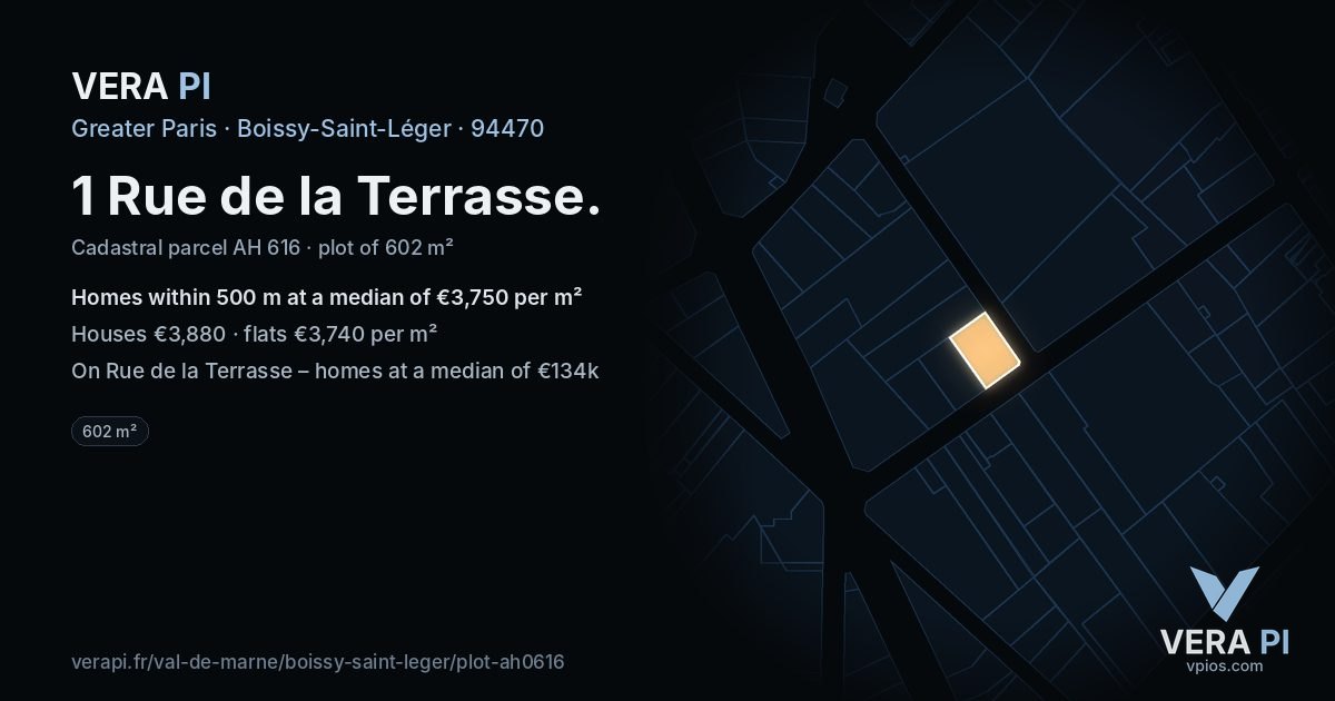 1 Rue de la Terrasse, Boissy-Saint-Léger at night – the plot lit, the parcels around coloured by the prices near them