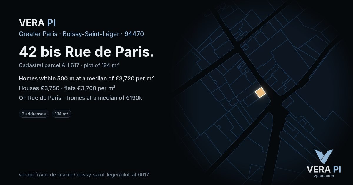 42 bis Rue de Paris, Boissy-Saint-Léger at night – the plot lit, the parcels around coloured by the prices near them