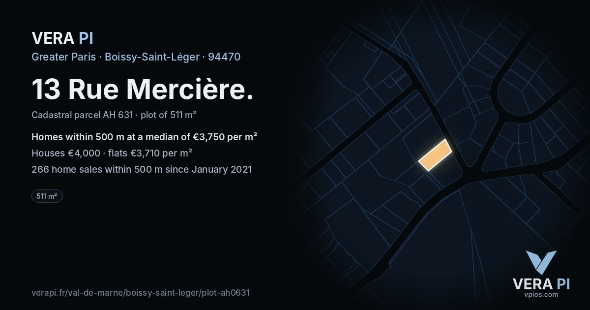 13 Rue Mercière, Boissy-Saint-Léger at night – the plot lit, the parcels around coloured by the prices near them