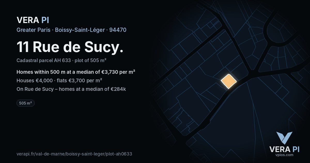 11 Rue de Sucy, Boissy-Saint-Léger at night – the plot lit, the parcels around coloured by the prices near them