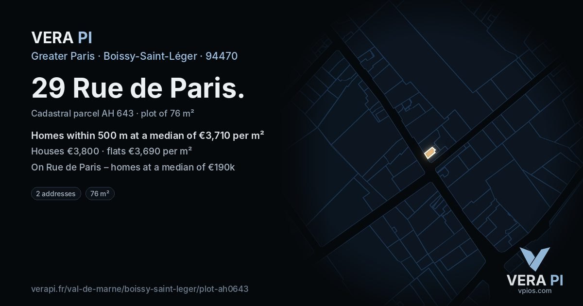 29 Rue de Paris, Boissy-Saint-Léger at night – the plot lit, the parcels around coloured by the prices near them