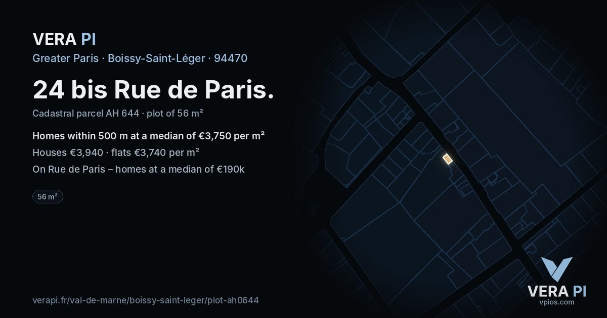 24 bis Rue de Paris, Boissy-Saint-Léger at night – the plot lit, the parcels around coloured by the prices near them
