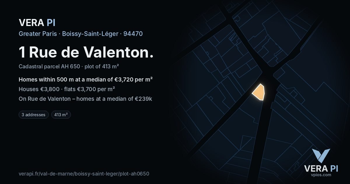 1 Rue de Valenton, Boissy-Saint-Léger at night – the plot lit, the parcels around coloured by the prices near them