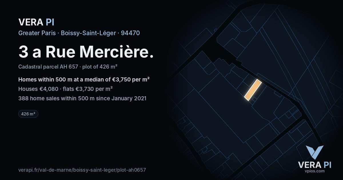 3 a Rue Mercière, Boissy-Saint-Léger at night – the plot lit, the parcels around coloured by the prices near them