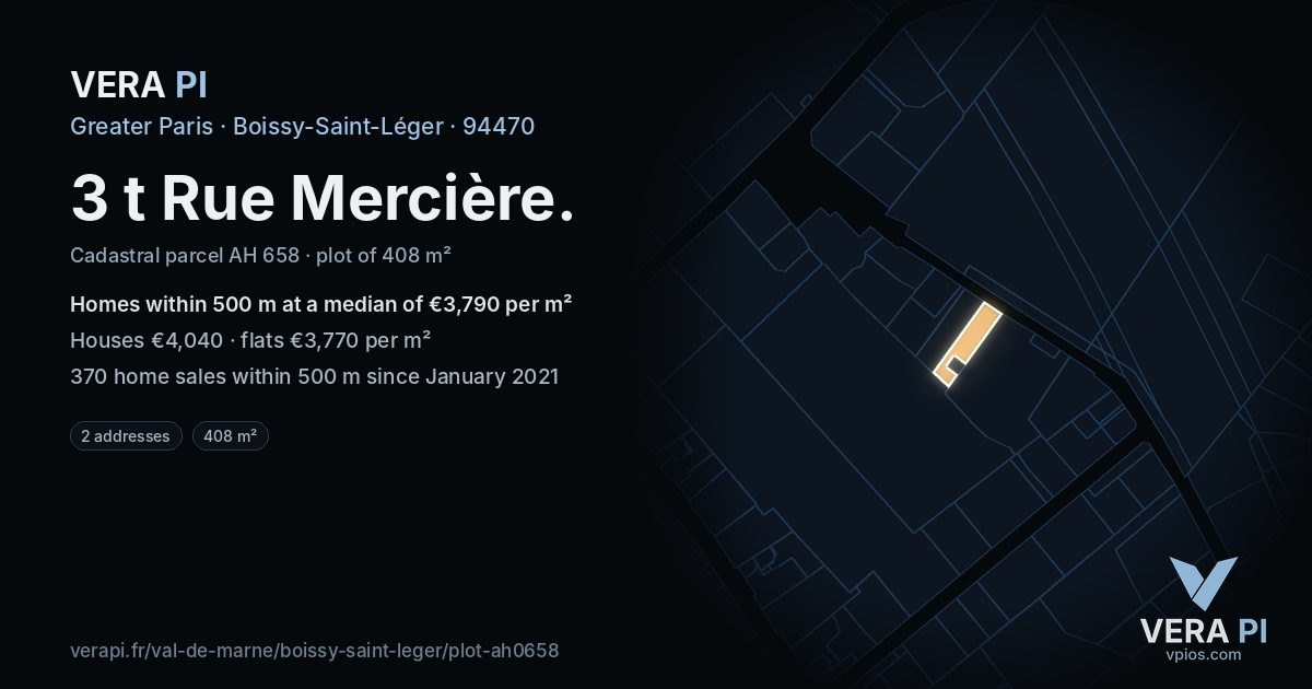 3 t Rue Mercière, Boissy-Saint-Léger at night – the plot lit, the parcels around coloured by the prices near them