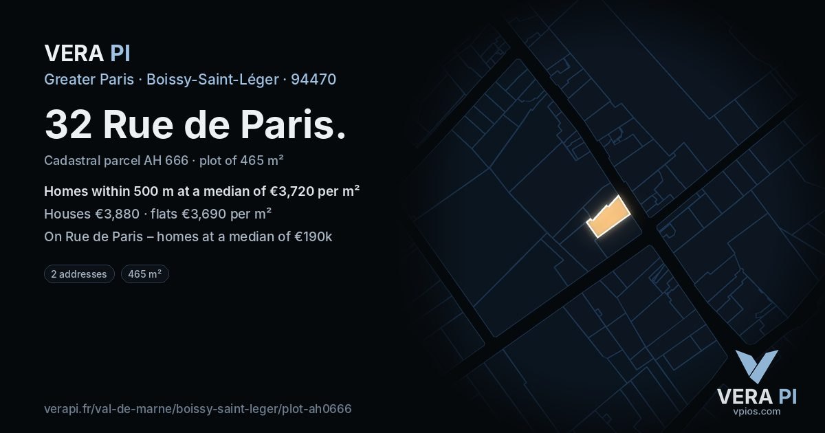 32 Rue de Paris, Boissy-Saint-Léger at night – the plot lit, the parcels around coloured by the prices near them