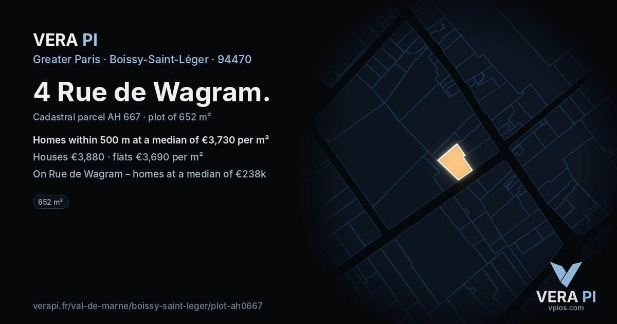 4 Rue de Wagram, Boissy-Saint-Léger at night – the plot lit, the parcels around coloured by the prices near them