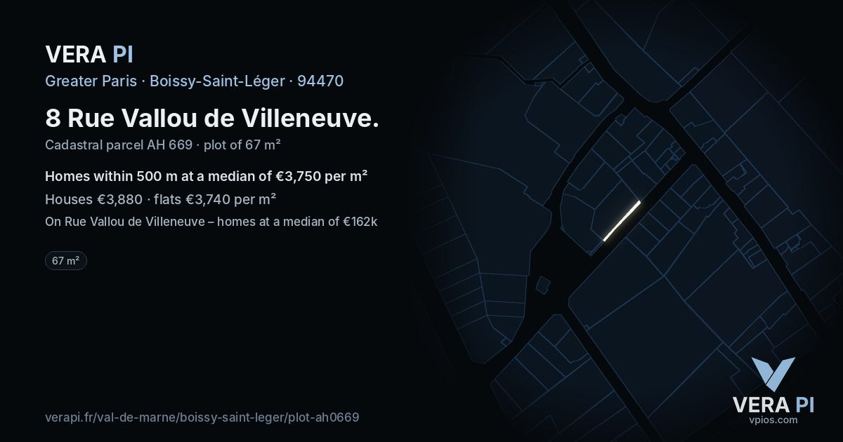 8 Rue Vallou de Villeneuve, Boissy-Saint-Léger at night – the plot lit, the parcels around coloured by the prices near them