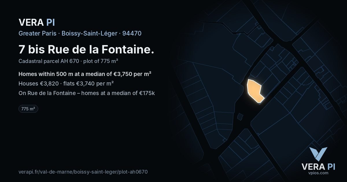 7 bis Rue de la Fontaine, Boissy-Saint-Léger at night – the plot lit, the parcels around coloured by the prices near them