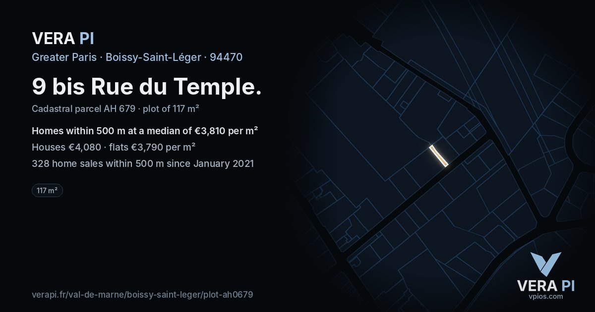 9 bis Rue du Temple, Boissy-Saint-Léger at night – the plot lit, the parcels around coloured by the prices near them