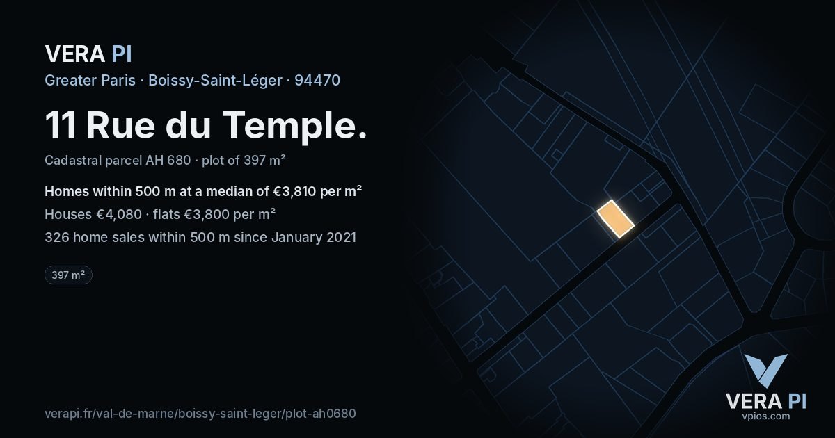11 Rue du Temple, Boissy-Saint-Léger at night – the plot lit, the parcels around coloured by the prices near them