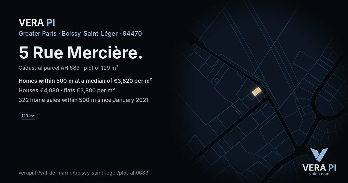 5 Rue Mercière, Boissy-Saint-Léger at night – the plot lit, the parcels around coloured by the prices near them