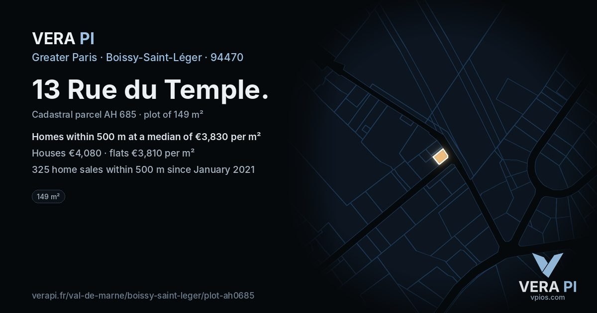 13 Rue du Temple, Boissy-Saint-Léger at night – the plot lit, the parcels around coloured by the prices near them