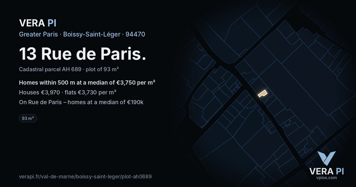 13 Rue de Paris, Boissy-Saint-Léger at night – the plot lit, the parcels around coloured by the prices near them
