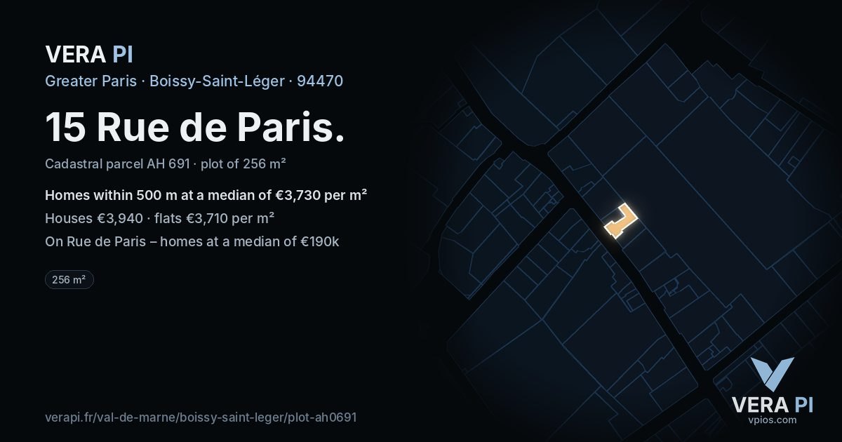 15 Rue de Paris, Boissy-Saint-Léger at night – the plot lit, the parcels around coloured by the prices near them