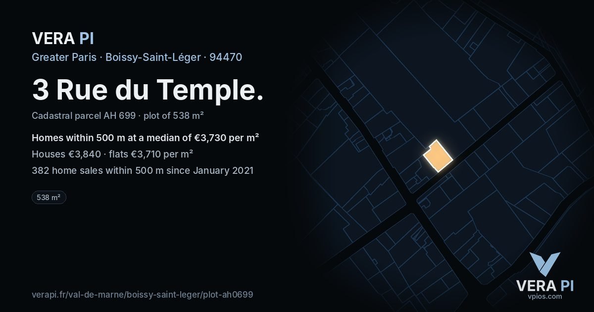 3 Rue du Temple, Boissy-Saint-Léger at night – the plot lit, the parcels around coloured by the prices near them