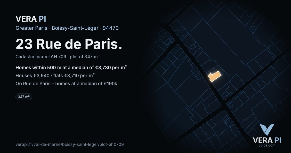 23 Rue de Paris, Boissy-Saint-Léger at night – the plot lit, the parcels around coloured by the prices near them