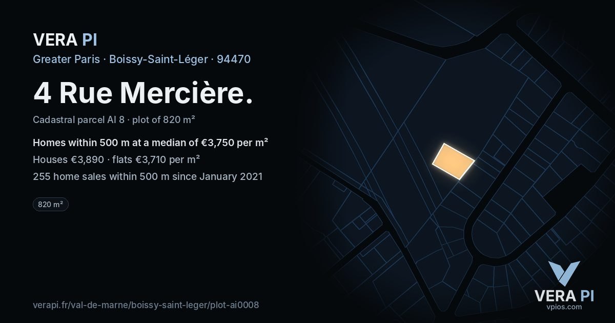 4 Rue Mercière, Boissy-Saint-Léger at night – the plot lit, the parcels around coloured by the prices near them