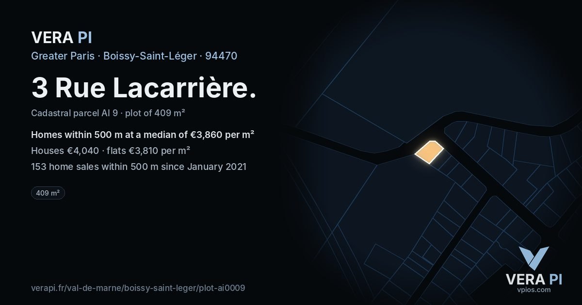 3 Rue Lacarrière, Boissy-Saint-Léger at night – the plot lit, the parcels around coloured by the prices near them