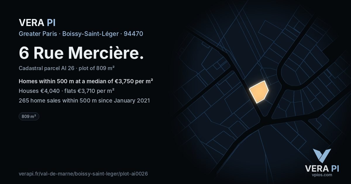 6 Rue Mercière, Boissy-Saint-Léger at night – the plot lit, the parcels around coloured by the prices near them