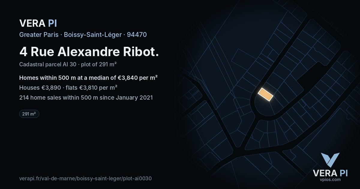 4 Rue Alexandre Ribot, Boissy-Saint-Léger at night – the plot lit, the parcels around coloured by the prices near them