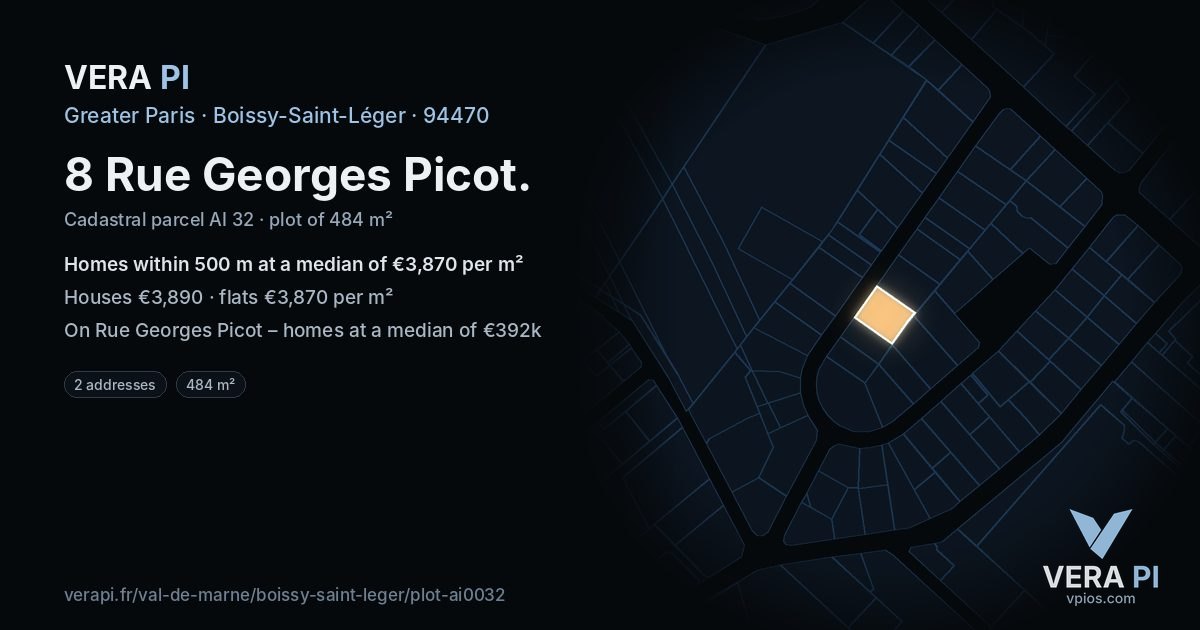 8 Rue Georges Picot, Boissy-Saint-Léger at night – the plot lit, the parcels around coloured by the prices near them