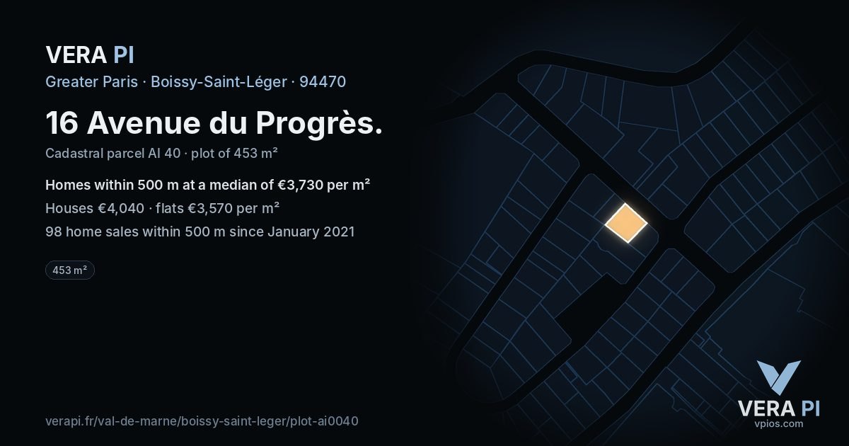 16 Avenue du Progrès, Boissy-Saint-Léger at night – the plot lit, the parcels around coloured by the prices near them