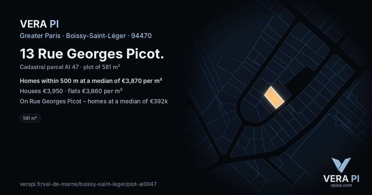 13 Rue Georges Picot, Boissy-Saint-Léger at night – the plot lit, the parcels around coloured by the prices near them