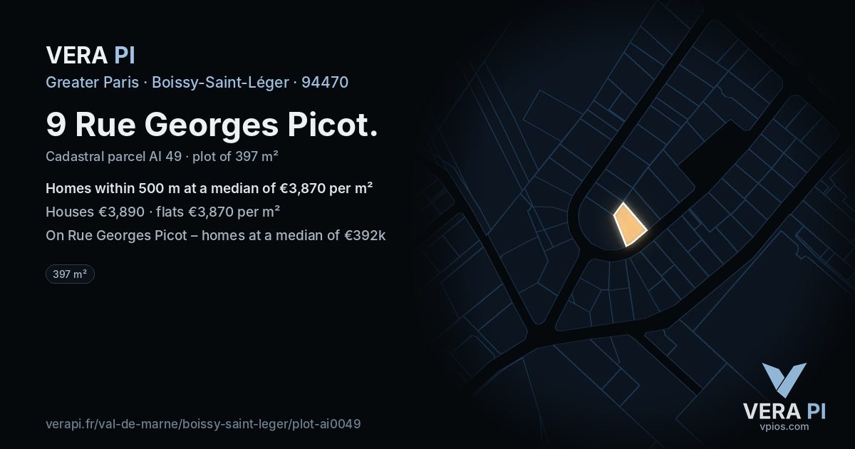 9 Rue Georges Picot, Boissy-Saint-Léger at night – the plot lit, the parcels around coloured by the prices near them