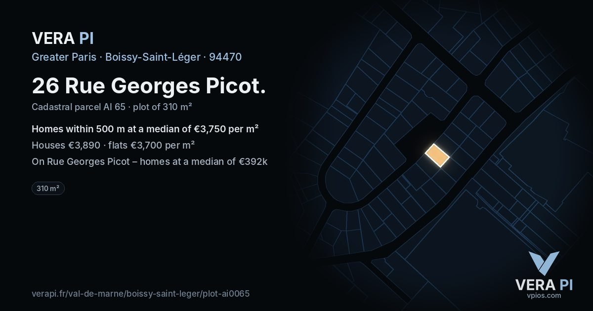 26 Rue Georges Picot, Boissy-Saint-Léger at night – the plot lit, the parcels around coloured by the prices near them