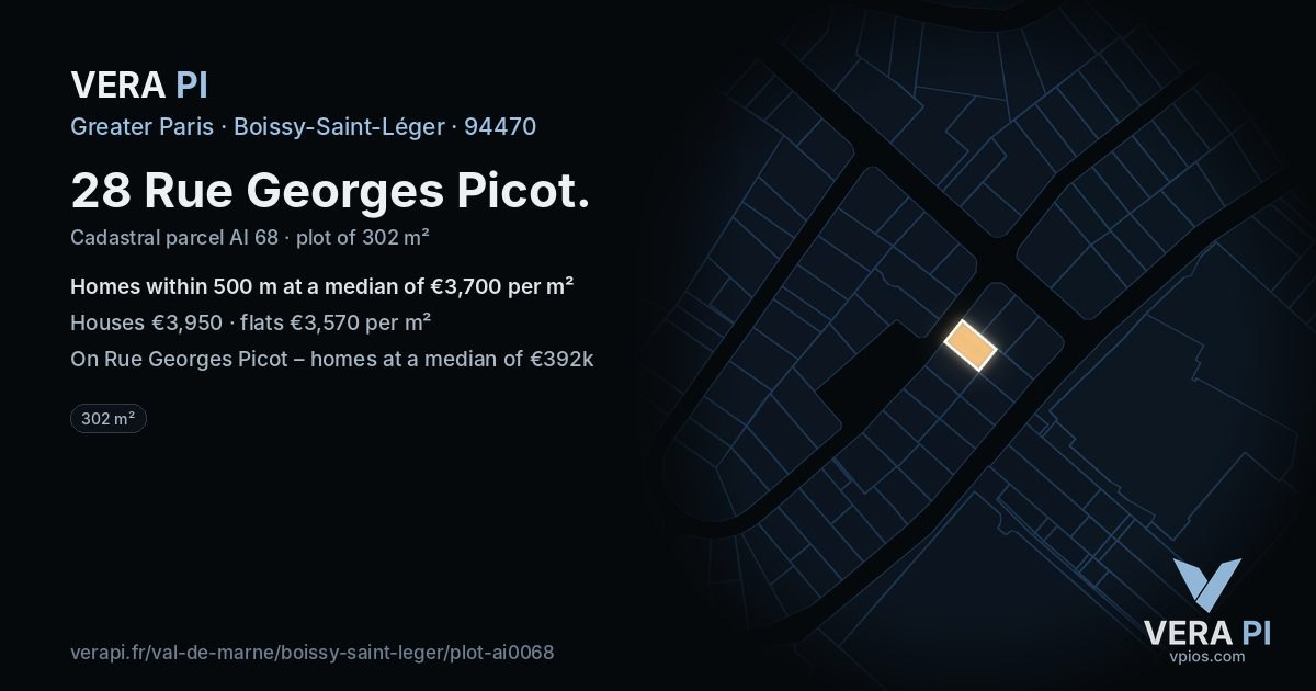 28 Rue Georges Picot, Boissy-Saint-Léger at night – the plot lit, the parcels around coloured by the prices near them