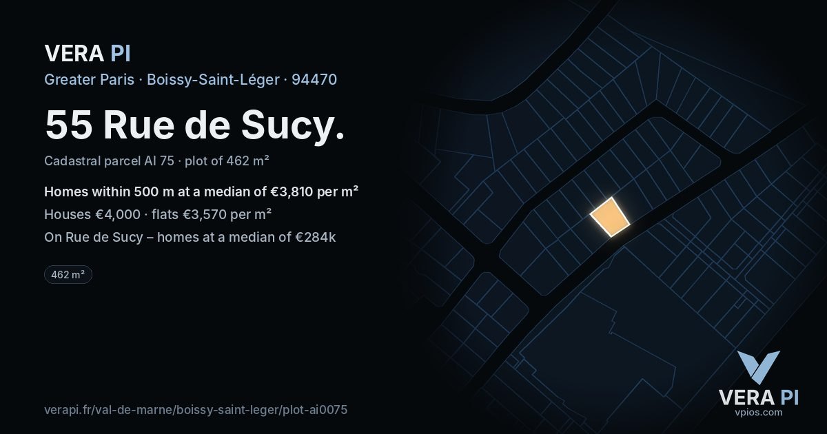 55 Rue de Sucy, Boissy-Saint-Léger at night – the plot lit, the parcels around coloured by the prices near them