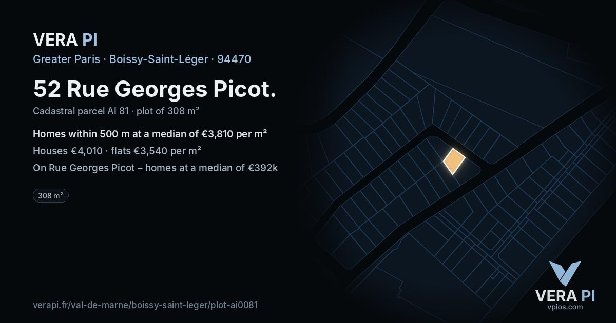 52 Rue Georges Picot, Boissy-Saint-Léger at night – the plot lit, the parcels around coloured by the prices near them