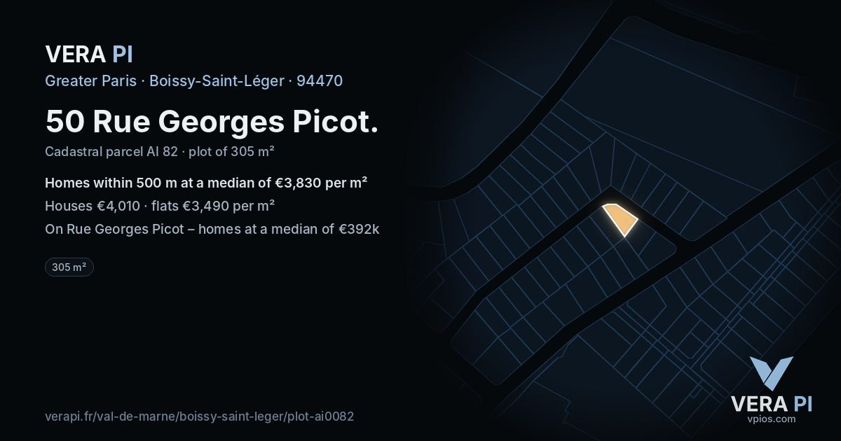 50 Rue Georges Picot, Boissy-Saint-Léger at night – the plot lit, the parcels around coloured by the prices near them