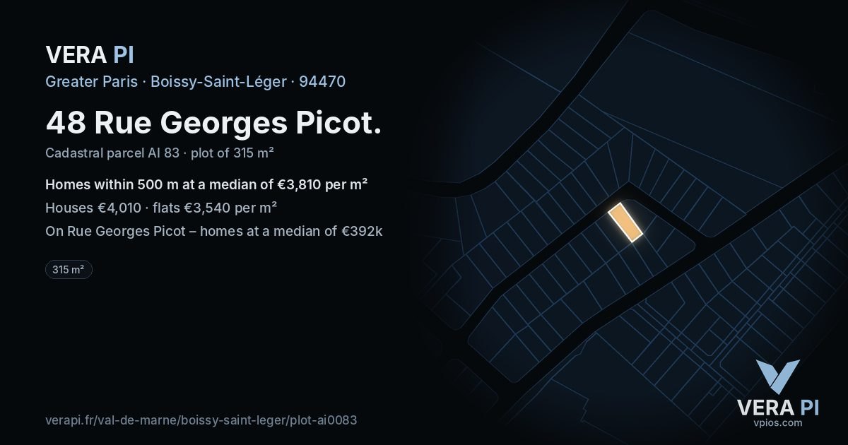 48 Rue Georges Picot, Boissy-Saint-Léger at night – the plot lit, the parcels around coloured by the prices near them