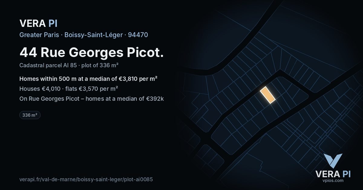44 Rue Georges Picot, Boissy-Saint-Léger at night – the plot lit, the parcels around coloured by the prices near them