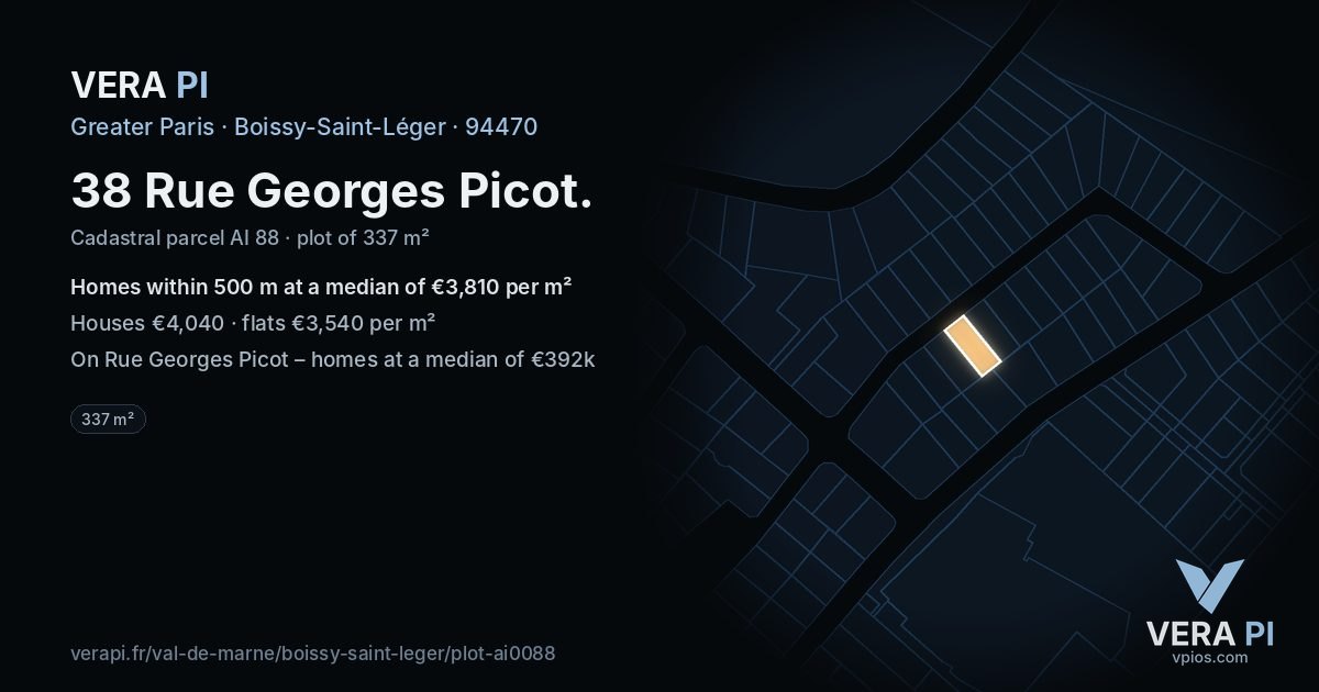 38 Rue Georges Picot, Boissy-Saint-Léger at night – the plot lit, the parcels around coloured by the prices near them