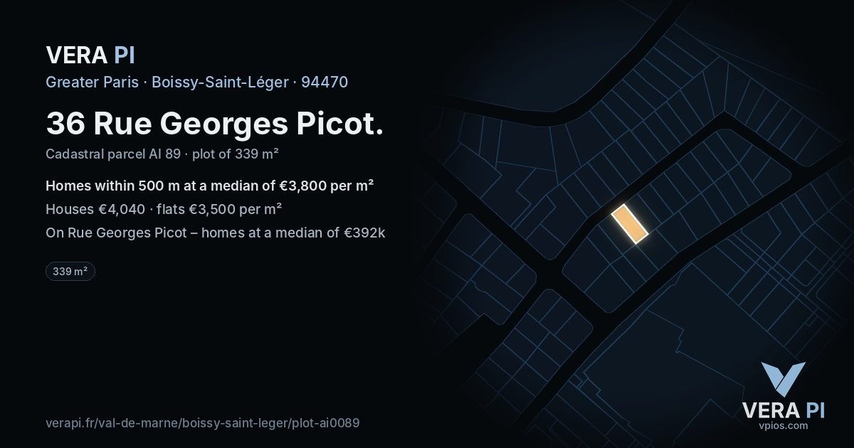 36 Rue Georges Picot, Boissy-Saint-Léger at night – the plot lit, the parcels around coloured by the prices near them