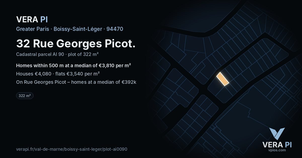 32 Rue Georges Picot, Boissy-Saint-Léger at night – the plot lit, the parcels around coloured by the prices near them